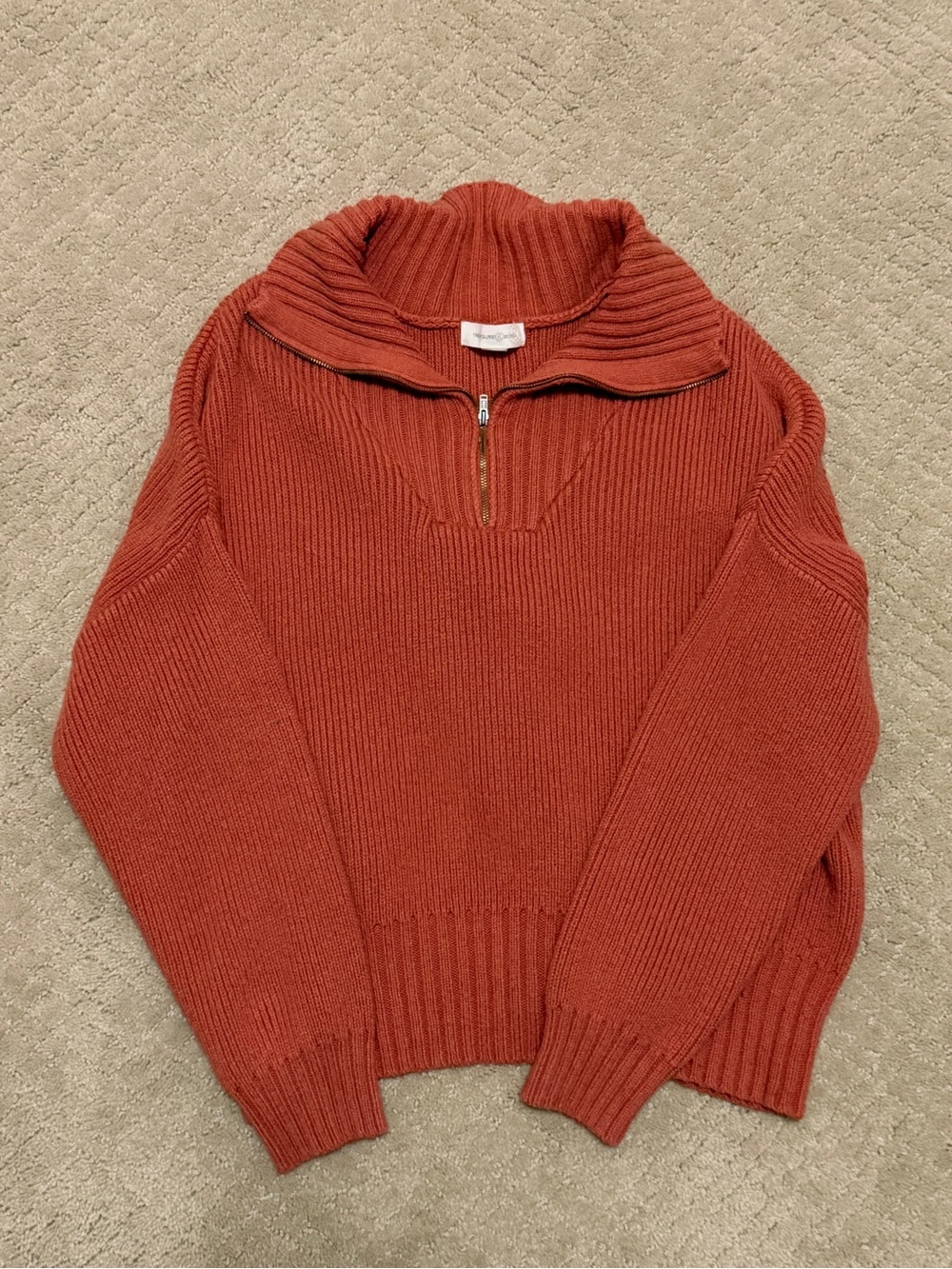 Treasure & Bond Rust Orange Ribbed Half‑Zip Turtleneck Sweater